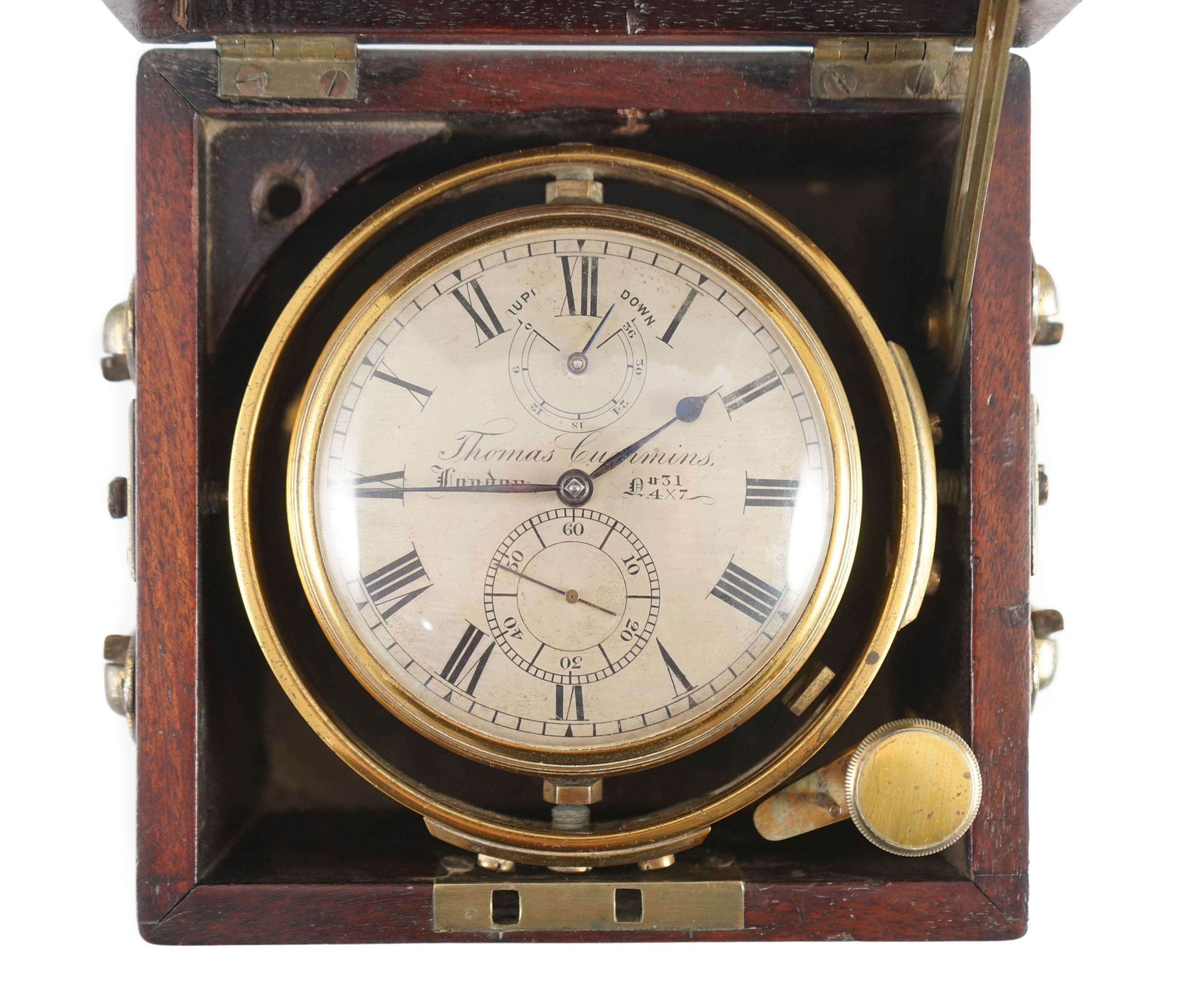 Thomas Cummins of London. A mid 19th century mahogany cased thirty six hour marine chronometer, width 14.5cm, depth 14.5cm, height 15cm